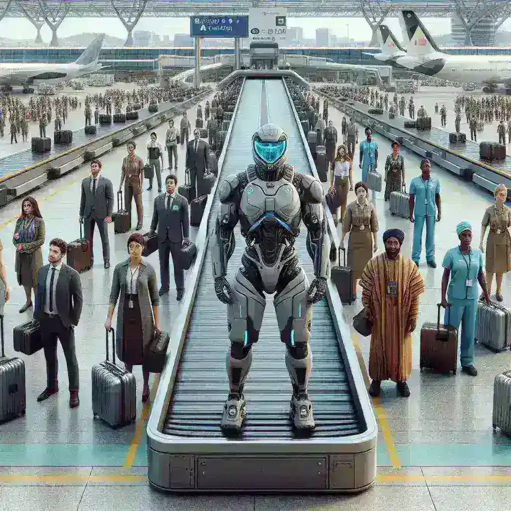 "Trabajador de equipajes en el aeropuerto de Barcelona utilizando un exoesqueleto para facilitar el manejo de maletas y mejorar la ergonomía en el trabajo."