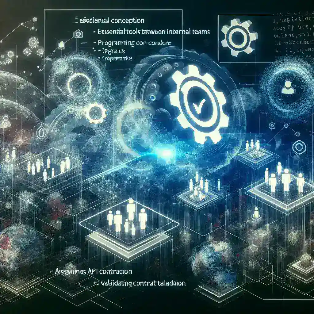 "Imagen que ilustra herramientas esenciales para validar contratos de API entre equipos internos, destacando funcionalidades clave y flujos de trabajo en la guía completa 2024 sobre gestión de API."