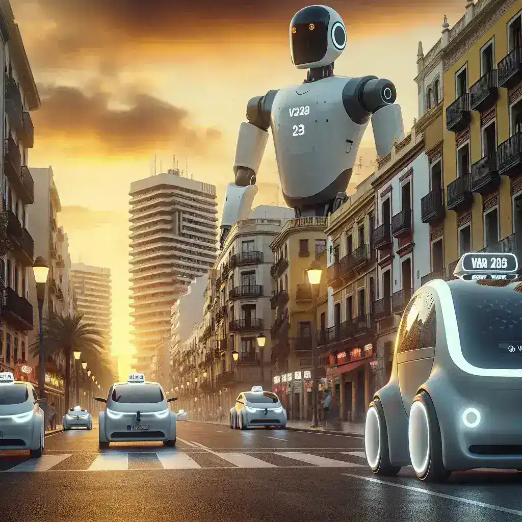 "Robotaxi de Cabify en una zona periférica de Valencia, mostrando innovaciones en transporte autónomo y su lanzamiento de servicio en áreas suburbanas."