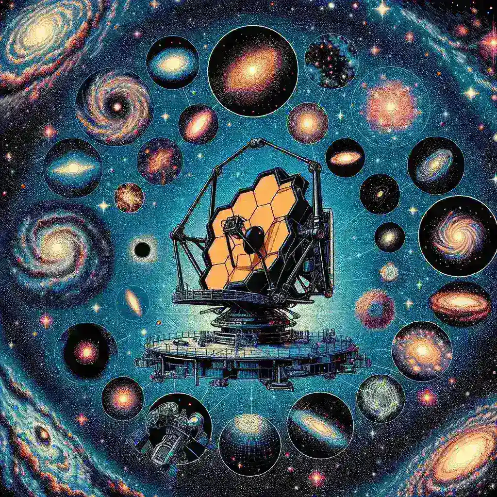 Alt text: "Telescopio Webb en funcionamiento, ilustrando los logros sorprendentes y descubrimientos astronómicos destacados en el último año."