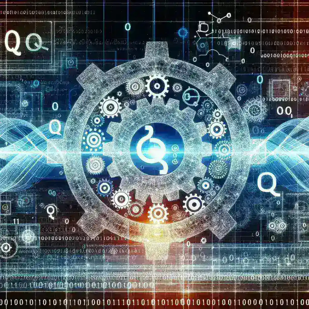 "Visual representation of software abstraction enhancing useful quantum computing, showcasing intricate algorithms and quantum circuits to illustrate the intersection of software technology and quantum mechanics."